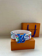 Louis Vuitton belt with white strap and multicolor comic print, blue LV buckle