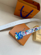 Louis Vuitton belt with perforated white strap, multicolor comic print, blue LV buckle