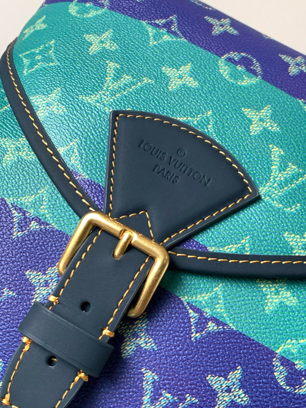 Louis Vuitton leather logo patch and gold buckle on multicolor monogram strap