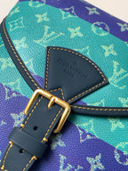 Louis Vuitton leather logo patch and gold buckle on multicolor monogram strap
