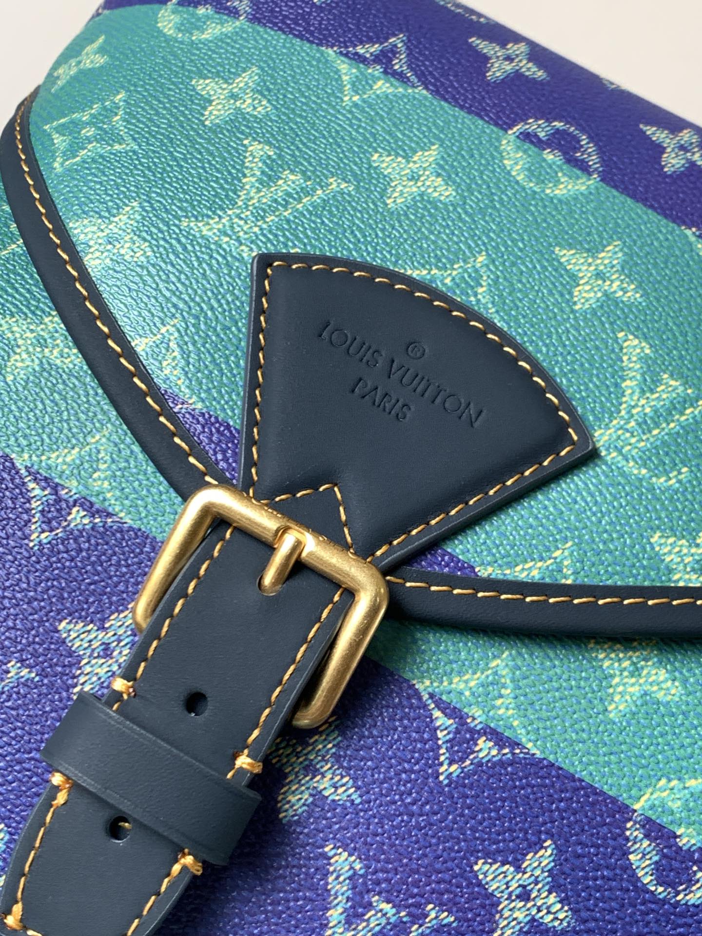 Louis Vuitton leather logo patch and gold buckle on multicolor monogram strap