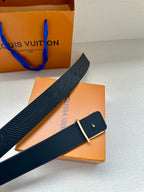 Louis Vuitton belt with dark blue strap and rectangular gold-tone buckle