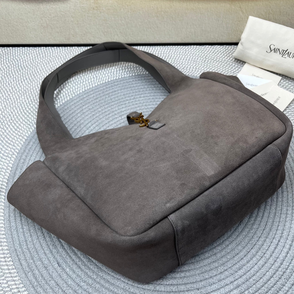 Gray suede shoulder tote bag with inner top opening and gold-toned hardware
