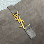 Suede tote strap with gold YSL logo clasp and small matching leather tag