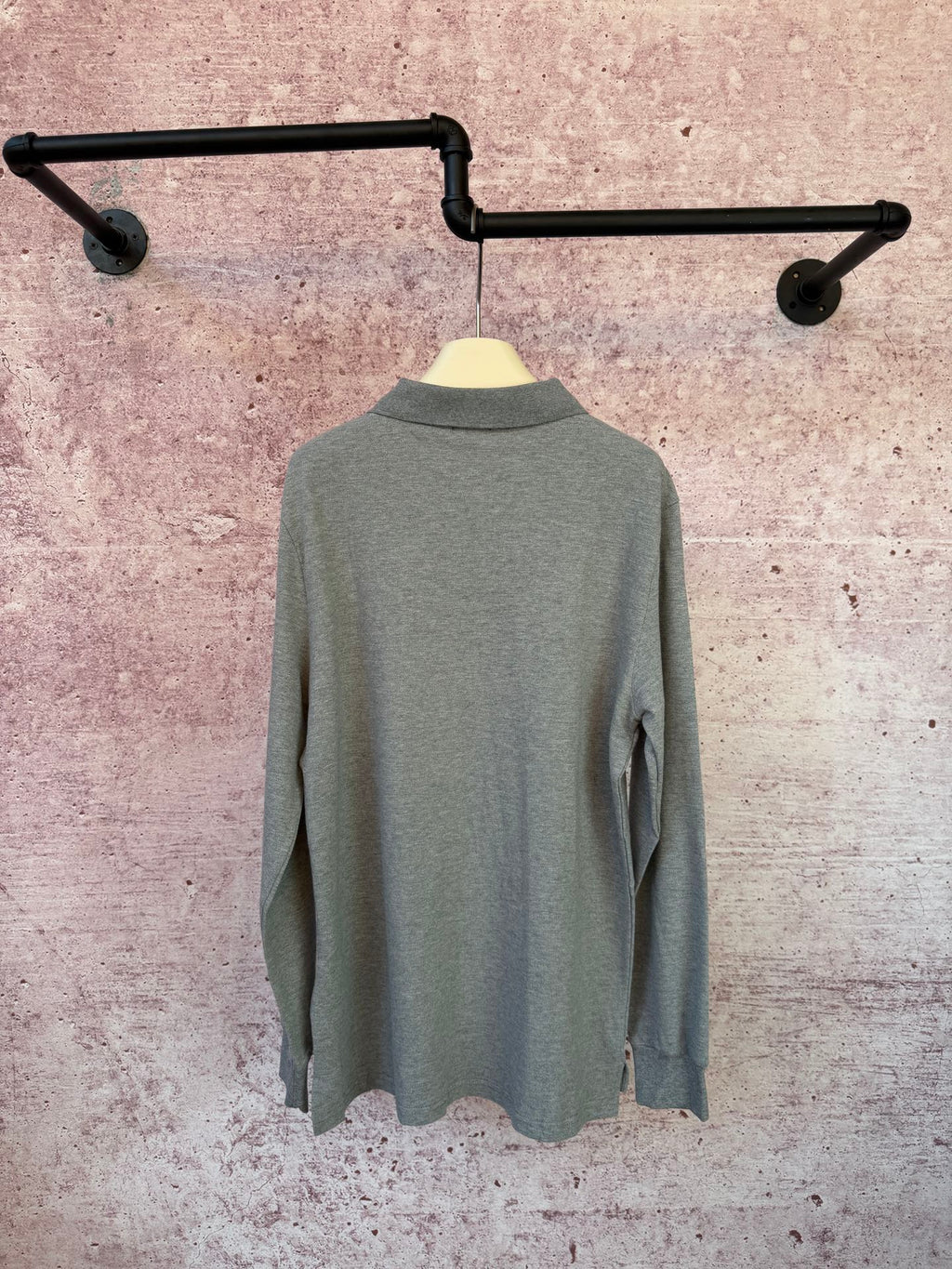 Ralph Lauren heather gray long-sleeve polo shirt, back view, ribbed collar