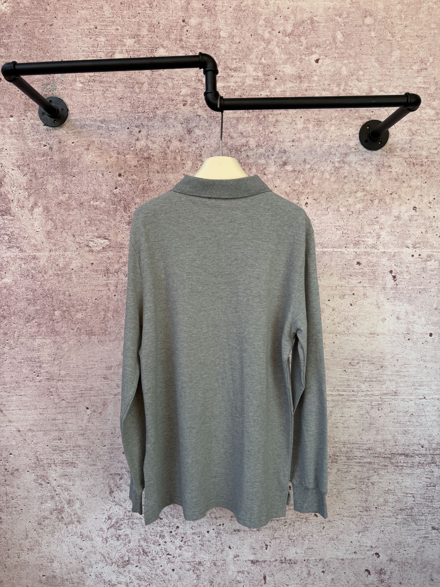 Ralph Lauren heather gray long-sleeve polo shirt, back view, ribbed collar