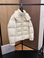 Prada long puffer jacket with hood, quilted sleeves and chest pocket, cream