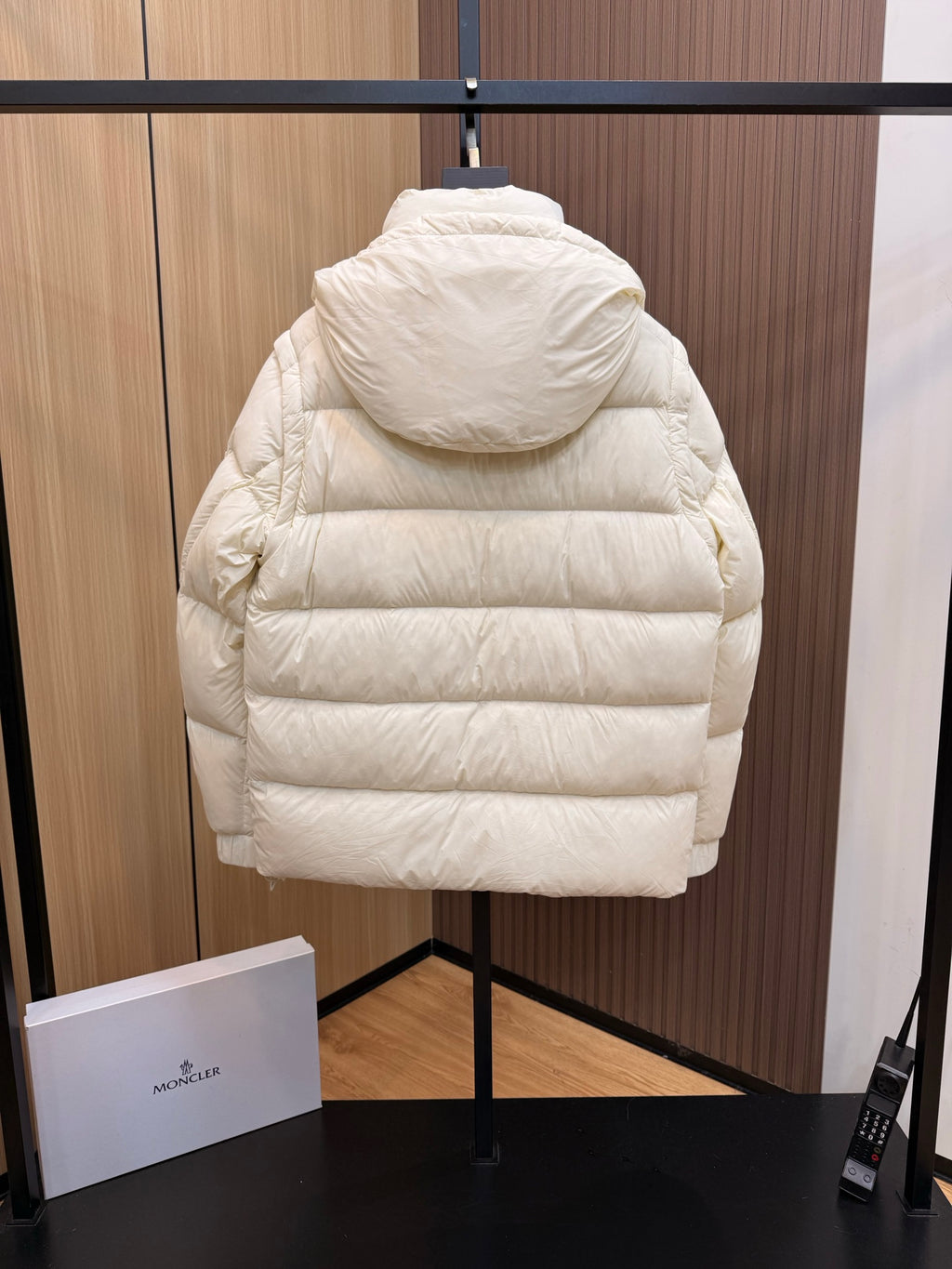 Prada long puffer jacket back view with hood, quilted shell, cream