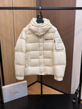 Prada long puffer jacket with hood, front zipper, quilted panels, cream