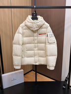 Prada long puffer jacket with hood, front zipper, quilted panels, cream