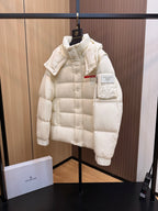 Prada long puffer jacket with hood, quilted front, chest pocket, cream