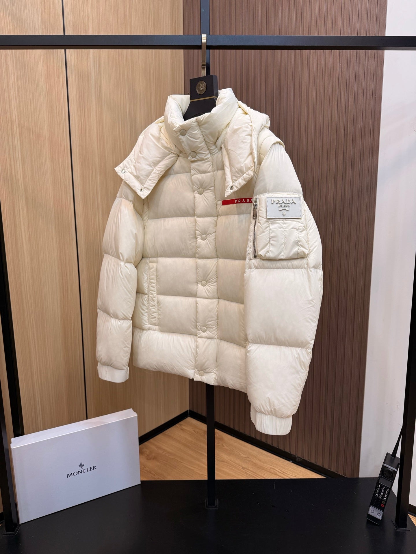 Prada long puffer jacket with hood, quilted front, chest pocket, cream