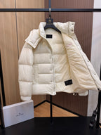 Prada long puffer jacket open at front, hood and quilted lining, cream