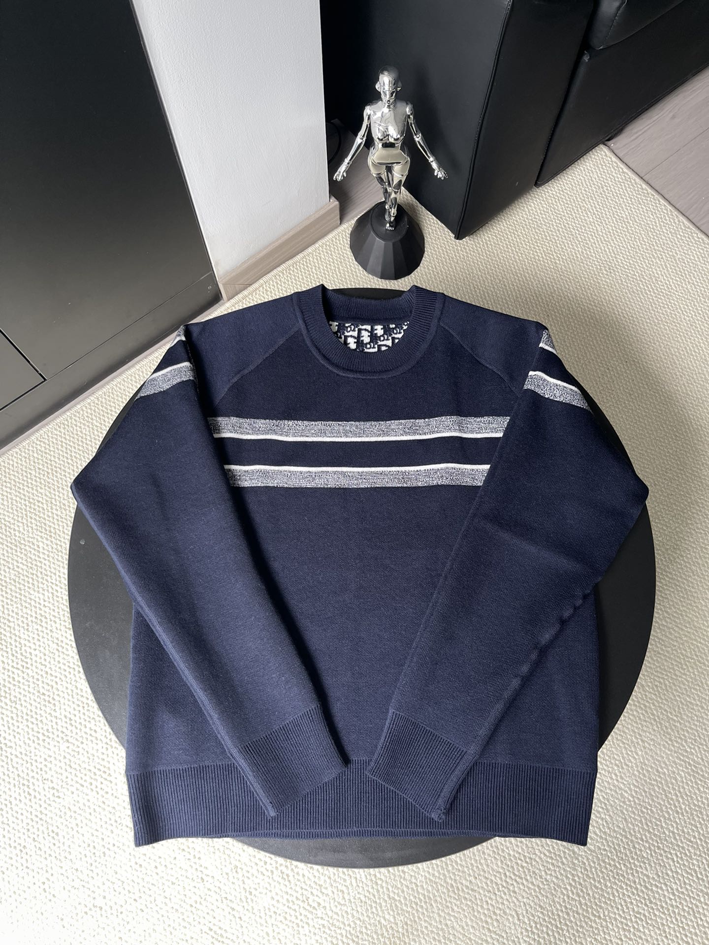 Dior long-sleeve sweater in dark navy with gray horizontal stripes on the chest