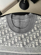 Gray crewneck sweater close-up with ribbed collar and knit texture