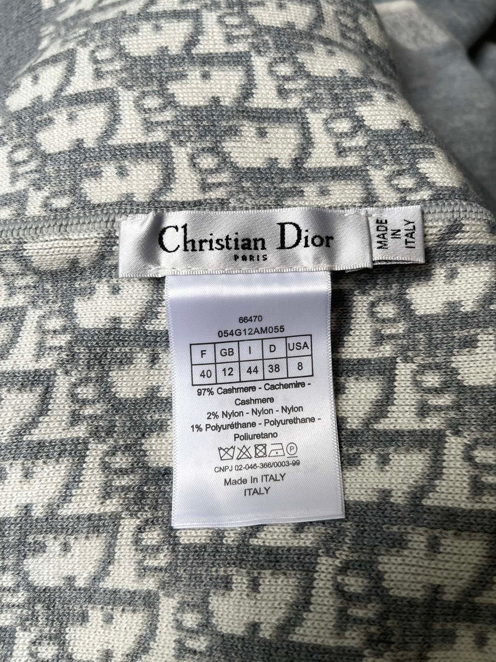 Interior clothing label: Christian Dior, size and fabric/care information