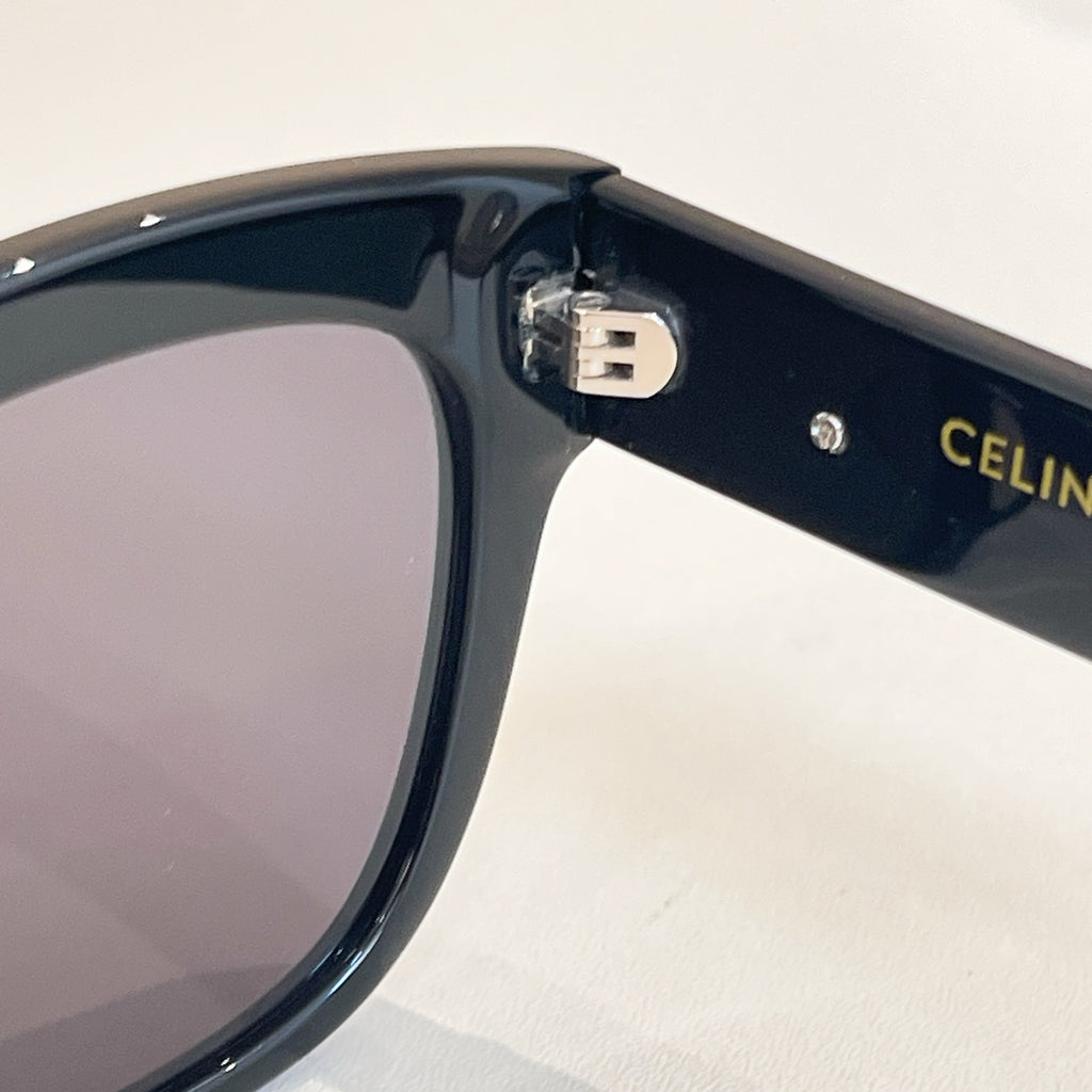 Celine sunglasses close-up of black temple with logo detail