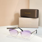 Bvlgari sunglasses with purple tinted lenses, black frame and gold accents.