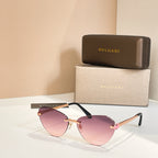 Bvlgari sunglasses with pink-lavender tinted lenses, black frame and gold arms.