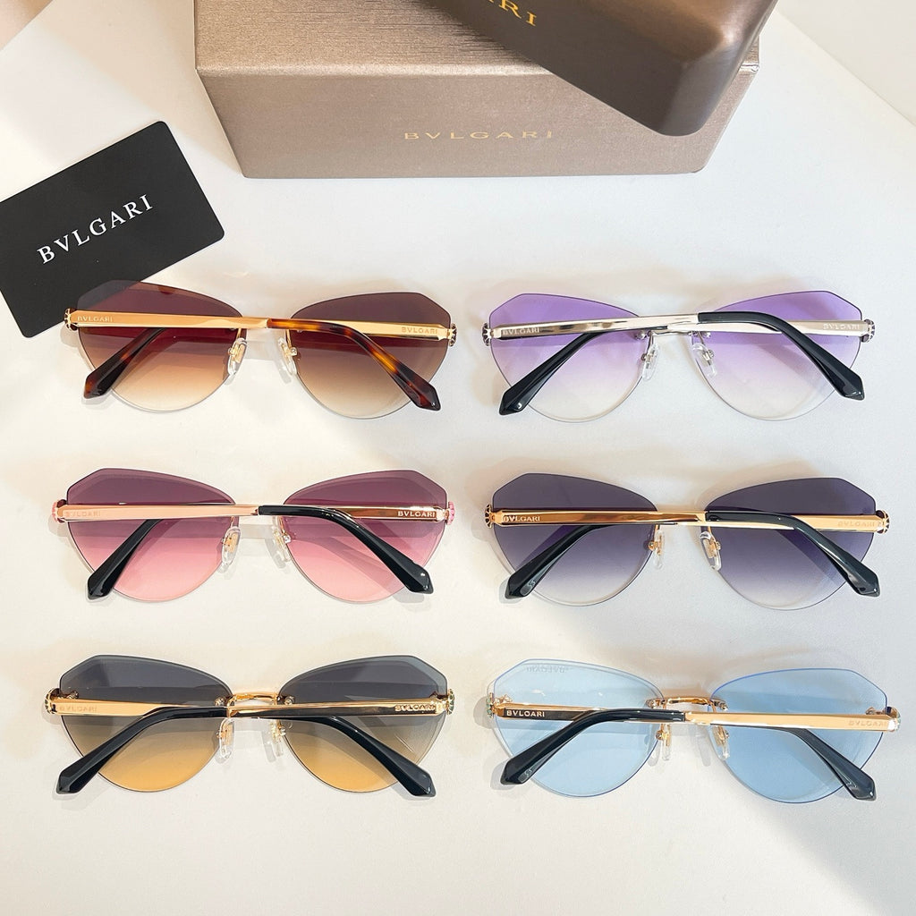 Bvlgari sunglasses set with amber, purple, pink and blue tinted lenses, gold details.