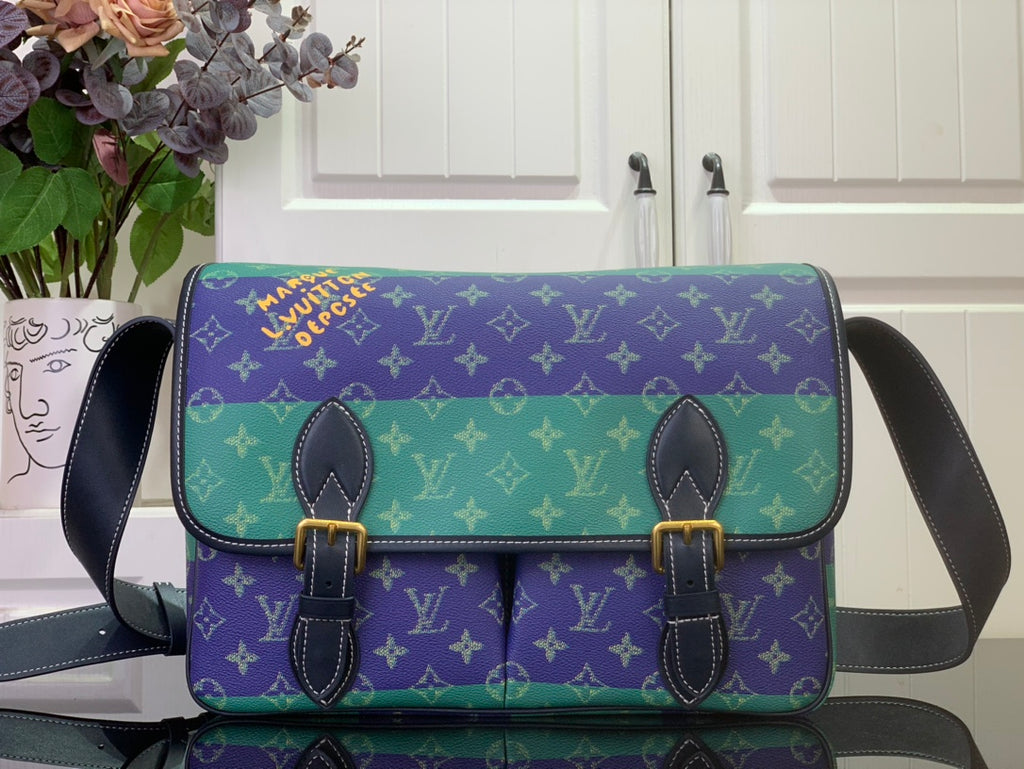 Men's Louis Vuitton flap messenger bag with purple and green monogram canvas