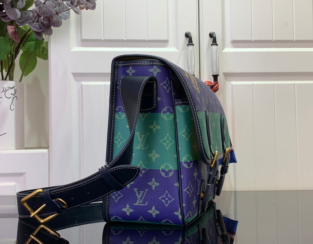 Men's Louis Vuitton monogram messenger bag, purple with green lining and shoulder strap