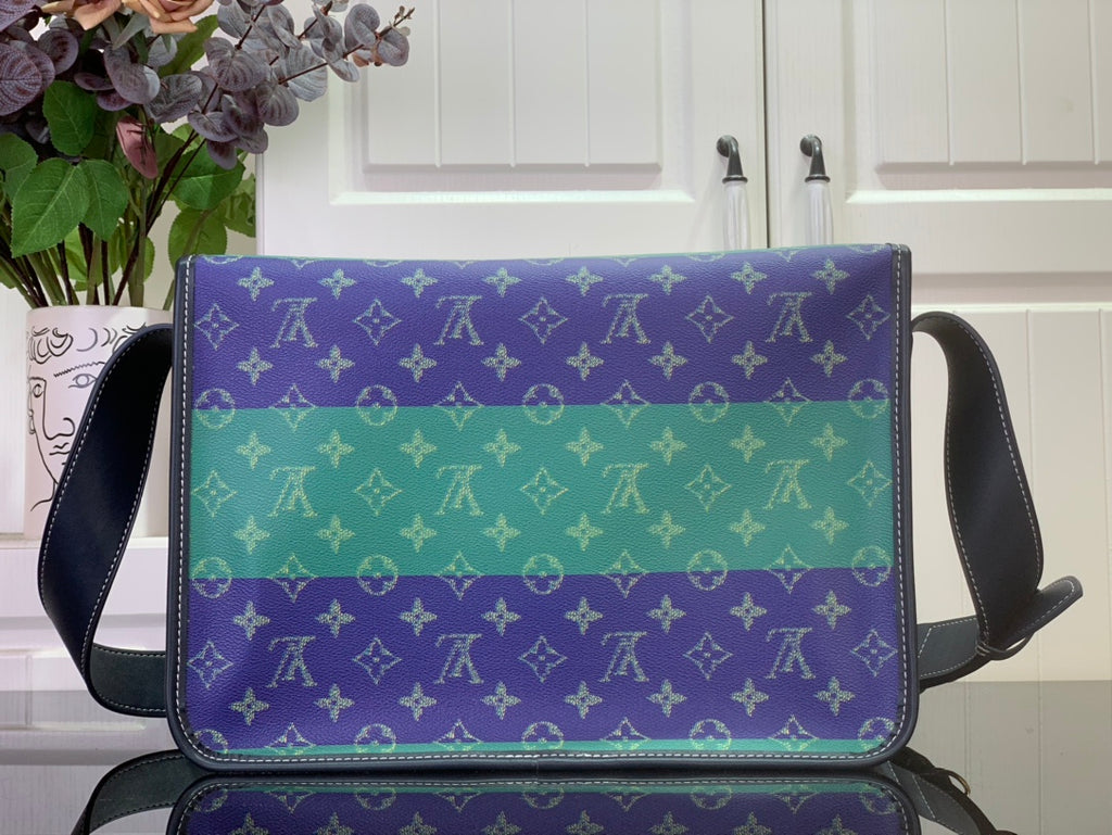 Men's Louis Vuitton flap messenger bag, purple-and-green monogram with black trim