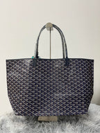 Goyard tote bag, dark all-over pattern, top handles, front zip pocket