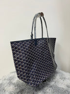 Goyard tote bag, dark patterned canvas, shorter front strap, top handles