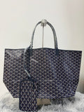 Goyard tote bag, dark patterned canvas, top handles, front clasp detail