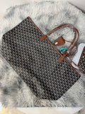 Goyard patterned tote bag with brown leather trim and top handle, dark monogram print