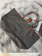 Goyard patterned tote bag with brown leather trim and top handle, dark monogram print