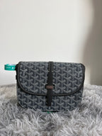 Goyard crossbody bag with dark monogram canvas and flap, black leather trim