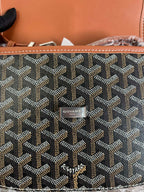 Goyard monogram bag close-up with tan leather stitching and Goyard logo patch