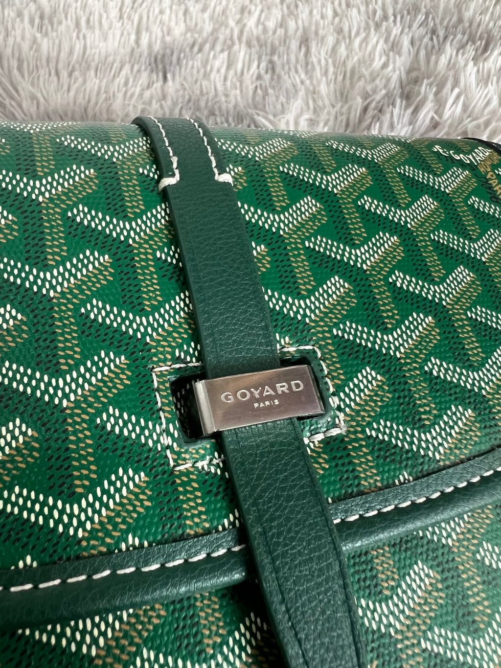 Close-up of green patterned Goyard bag with leather strap and front brand clasp