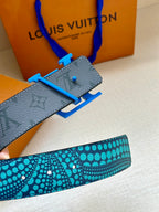 Louis Vuitton belt end with blue pin buckle and dark leather underside, turquoise strap