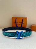 Louis Vuitton belt with turquoise patterned strap and blue LV buckle on dark base