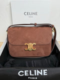Celine shoulder bag in textured brown leather with gold logo clasp