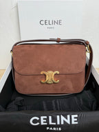 Celine shoulder bag in textured brown leather with gold logo clasp