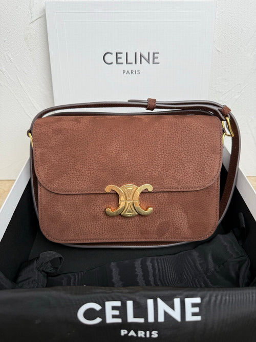 Celine shoulder bag in textured brown leather with gold logo clasp