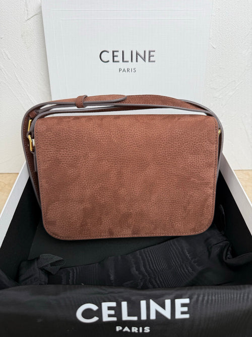 Celine shoulder bag in textured brown leather with top handle, back view