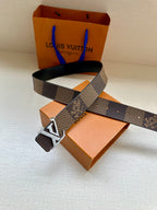 Louis Vuitton dark monogram belt with silver LV buckle and strap with adjustment holes