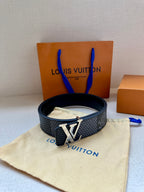 Dark blue patterned belt with silver LV-style buckle