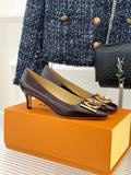 Women's square-toe block-heel pumps in dark brown leather with gold LV logo ornament