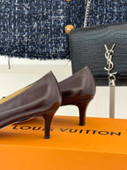 Women's square-toe block-heel pumps, dark brown leather with gold LV logo ornament