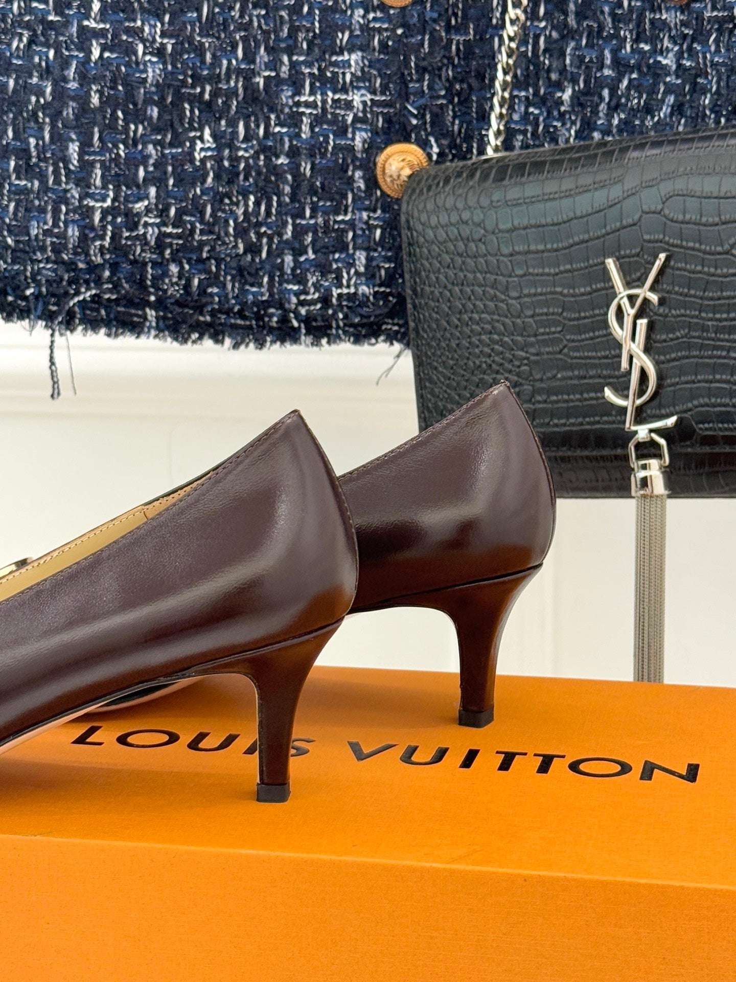 Women's square-toe block-heel pumps, dark brown leather with gold LV logo ornament