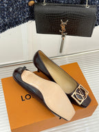 Women's square-toe block-heel pumps, dark brown leather, gold LV logo ornament on front