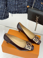 Women's square-toe block-heel pumps, dark brown leather, gold LV logo ornament on the toe