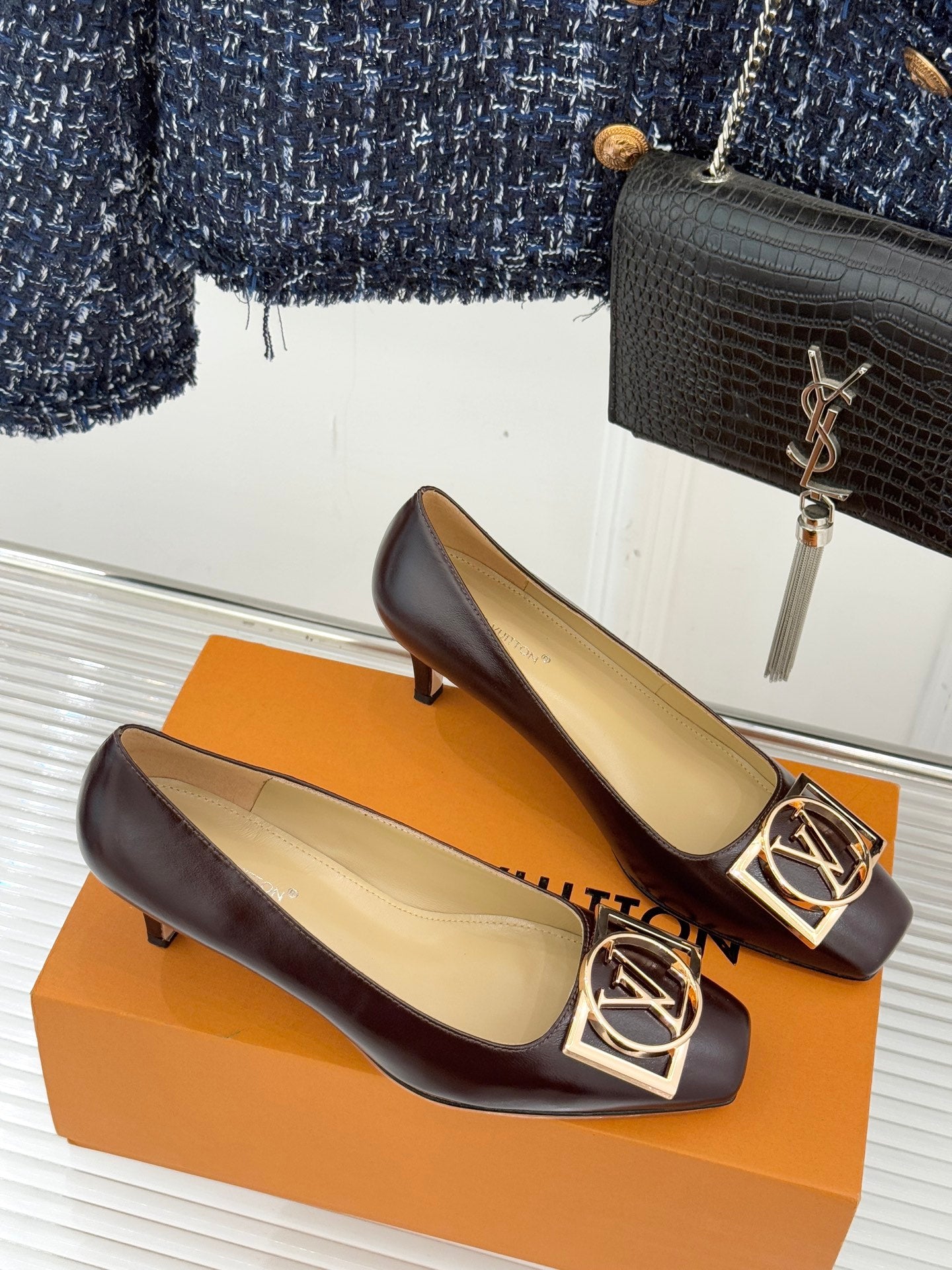 Women's square-toe block-heel pumps, dark brown leather, gold LV logo ornament on the toe