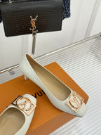Louis Vuitton ladies’ light flats with gold-tone LV buckle ornament on front